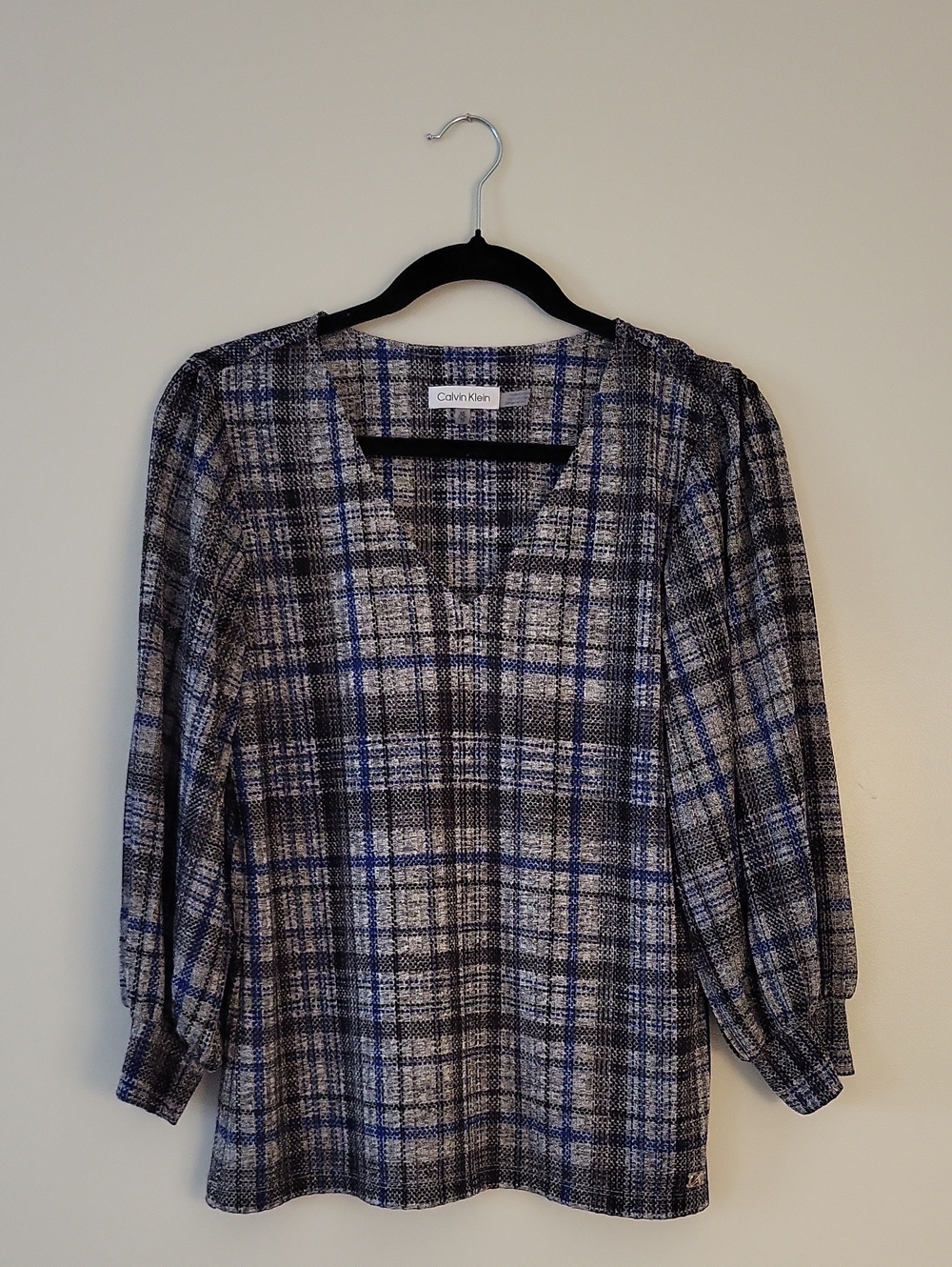 Calvin Klein Plaid V-Neck Blouse in Blue and Gray